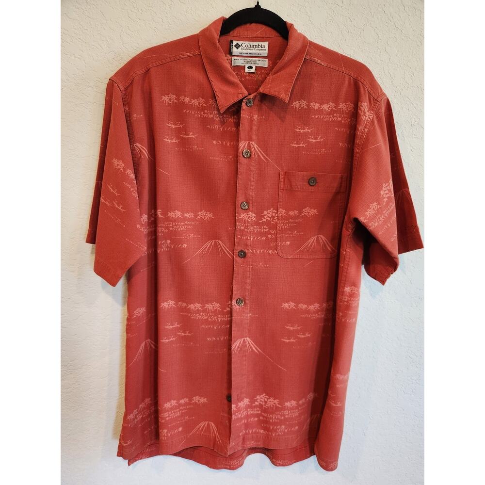 Columbia Men’s Silk Blend Shirt L Red Scenic Print Short Sleeve Button Front...
